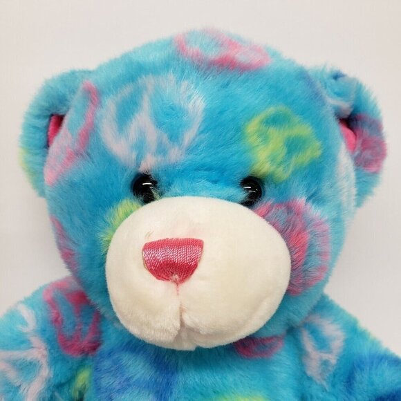 Build a Bear 14" Peace Signs Seated Light Blue Pink Bear Stuffed Animal Plush - Picture 3 of 5